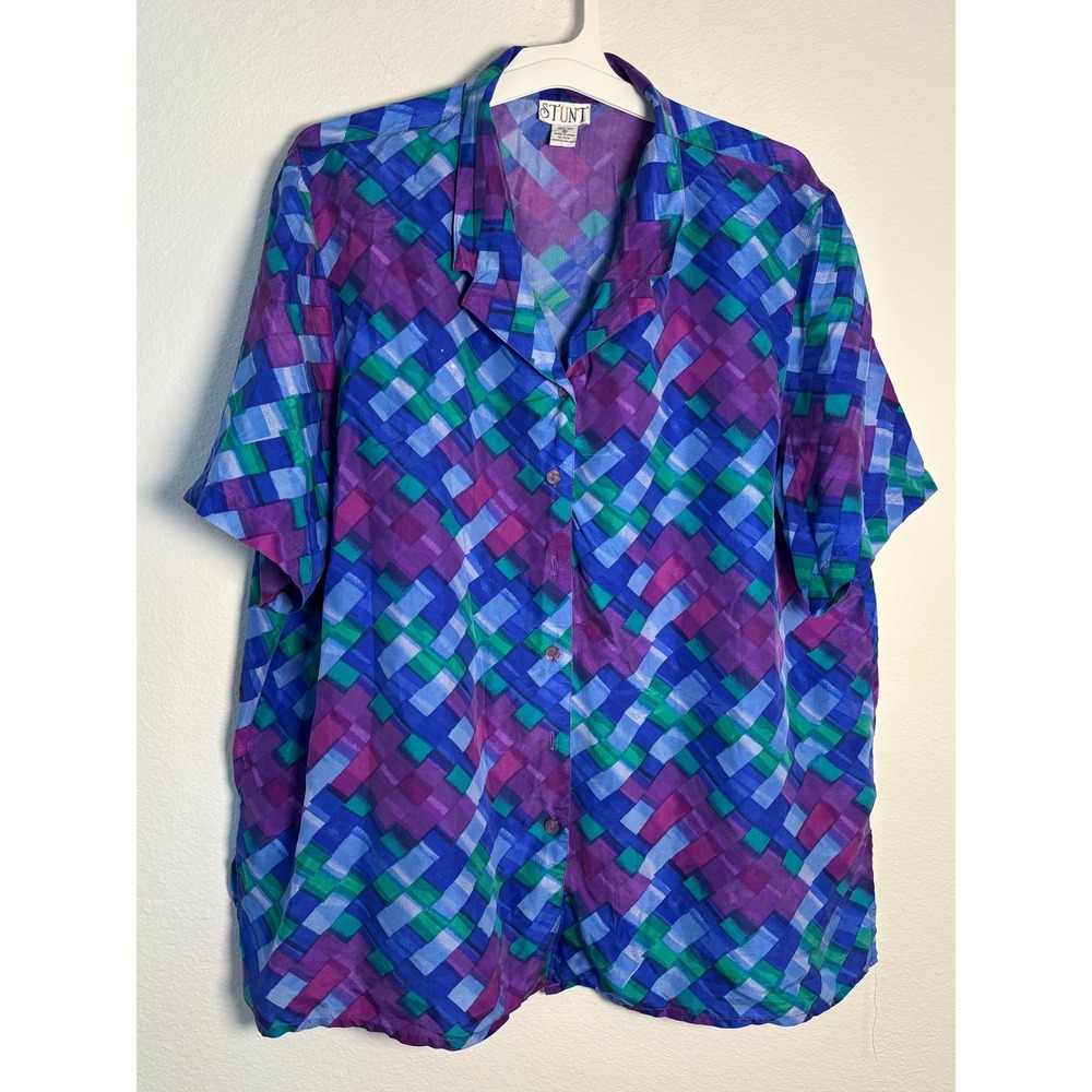 Vintage Stunt 100% Silk Geometric Print Button‎ Down Shirt Purple Blue 2X Mens